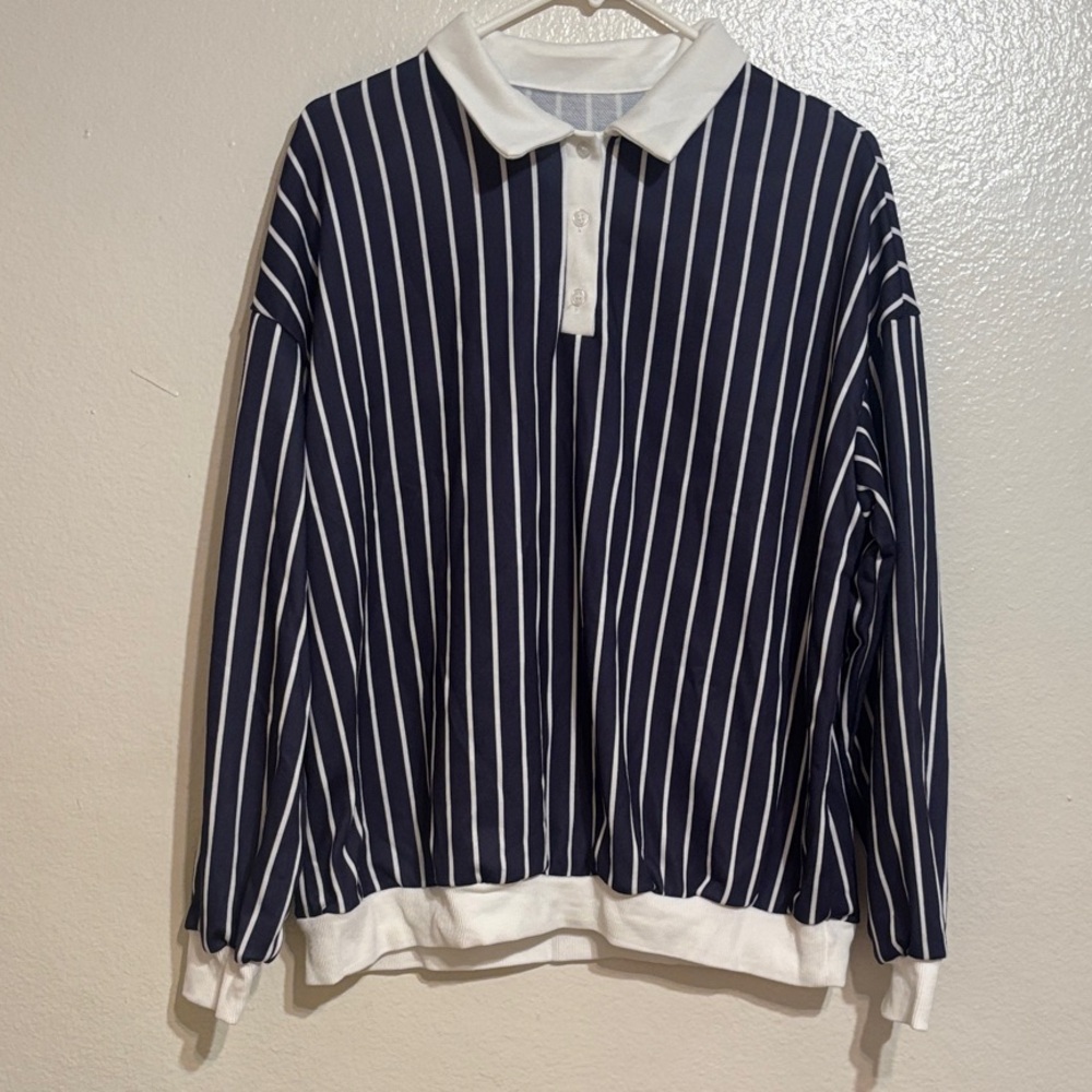 SHEIN Navy Vertical Stripe Rugby Polo Sweater